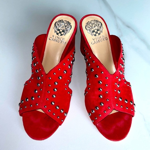 Vince Camuto Red Chunky Heel Mules with Silver Studs - Picture 2 of 11